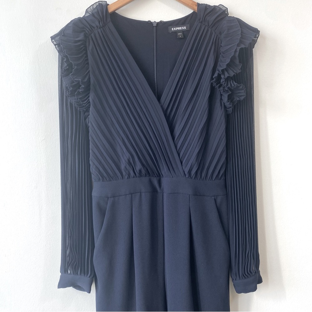 Express Navy Pleated Jumpsuit with Ruffles
